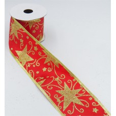 2.5 Inch Wired Christmas Ribbon With Gold Metallic Sparkle Stars on Red Satin,10 Yds (Lot of 1 Spool) SALE ITEM
